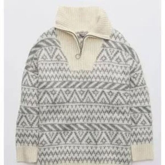 Aerie Gray Cream Wool Blend 1/4 Zip Pullover Sweater Oversized XL - Picture 3 of 9